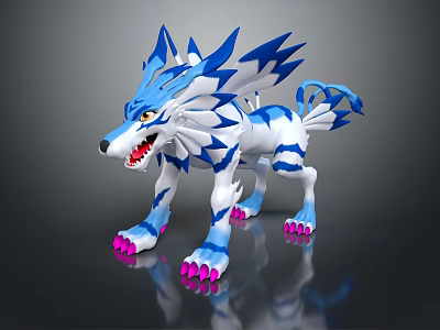 Blue And White Fantasy Wolf With Spiked Mane And Pink Claws 3d model