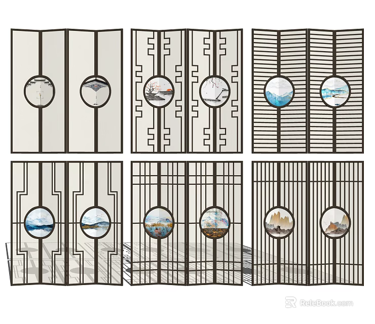 Decorative Room Divider With Circular Landscape Panels And Geometric Frame Designs 3d model