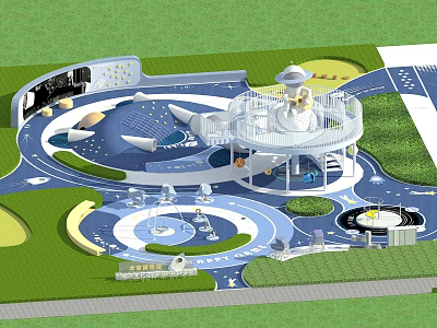 Playground Park Landscape With Circular Design Blue White Color Lawn Areas And Play Equipment 3d model