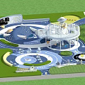 Playground Park Landscape With Circular Design Blue White Color Lawn Areas And Play Equipment