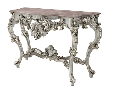 Ornate European Style Console Table With Silver Carved Frame And Wooden Top 3d model