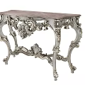 Ornate European Style Console Table With Silver Carved Frame And Wooden Top
