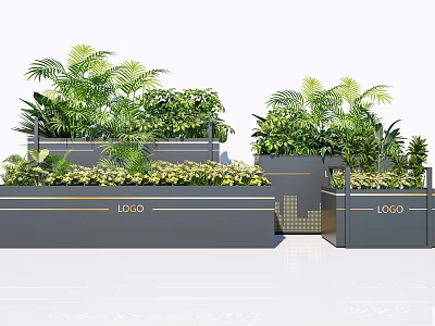 Modern Gray Flower Pots With Golden Logo And Lush Green Plants 3d model