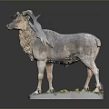 Detailed Animal Statue Featuring Large Horns Mossy Base And Realistic Fur Texture