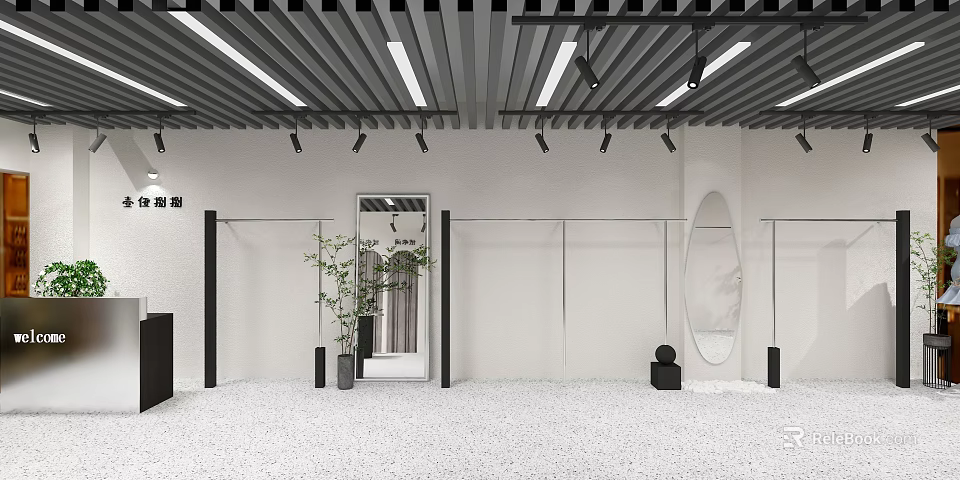 Elegant Modern Clothing Store Interior With Clothing Racks Mirrors And Lighting 3d model 