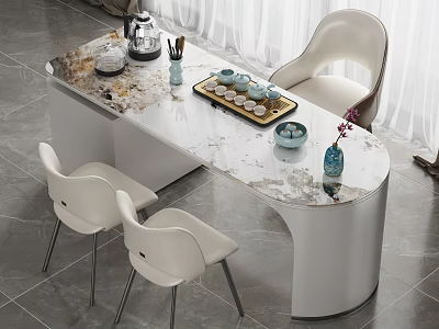 Elegant Modern Tea Table and Chairs with Marble Top White Seats and Tea Set Arrangement 3d model