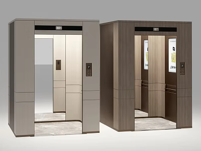 Modern Elevator Cabins With Glass Doors And Wood Grain Panel Finishes 3d model
