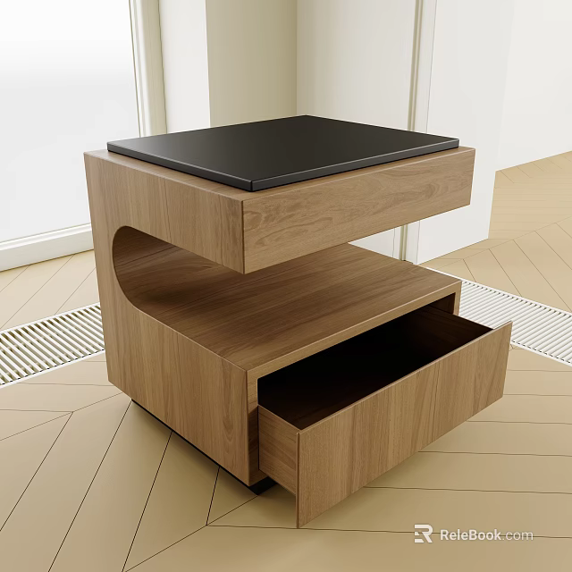 Modern Wooden Bedside Table With Black Top And Open Storage Drawer 3d model