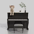 Musical Instruments And Art Supplies On Black Piano With Stool Doll Frame And Green Plant