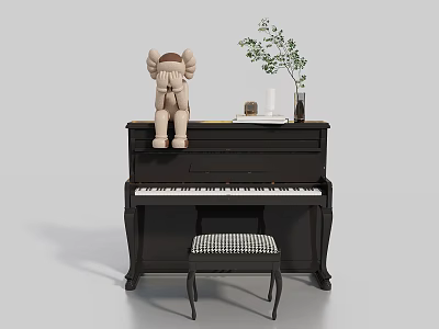 Musical Instruments And Art Supplies On Black Piano With Stool Doll Frame And Green Plant 3d model