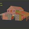 Orange Barn Style Building With Gabled Roof Double Door Small Windows And Porch Columns