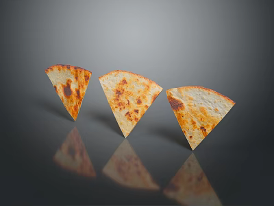 Three Golden Brown Triangular Grilled Flatbread Slices With Charred Marks On Black Reflective Surface 3d model