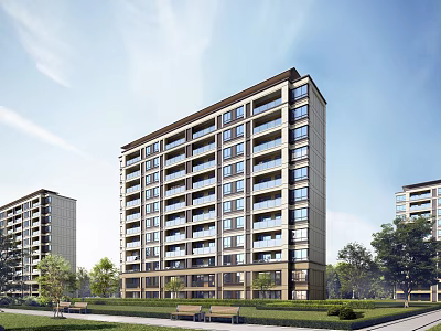 Modern Mid Rise Residential Building With Landscaped Gardens And Lawns 3d model
