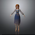 3D Animated Female Character With Red Hair Blue Gradient Dress Long Sleeves And Brown Shoes