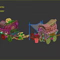 Vintage Red Carriages With Canvas Awnings Wooden Wheels And Small Tables