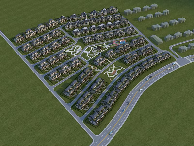 Aerial View Of Organized Residential Complex With Neatly Arranged Buildings Green Areas And Roads 3d model