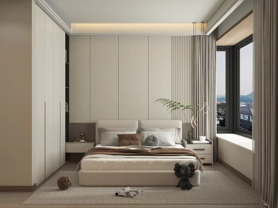 Modern Minimalist Bedroom Interior With Large Bed Light Walls Window Curtains And Green Plant 3d model