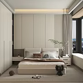 Modern Minimalist Bedroom Interior With Large Bed Light Walls Window Curtains And Green Plant