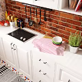 White Kitchen Cabinets With Red Brick Wall Cooking Tools Plants And Magazines On Countertop