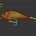 Green Mesh Texture Fishing Lure With Yellow Accents And Fish Hooks