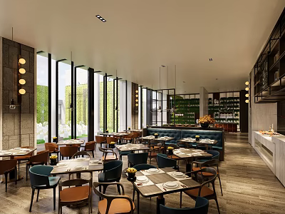 Modern Restaurant Interior With Large Windows Natural Light And Stylish Tables Chairs 3d model