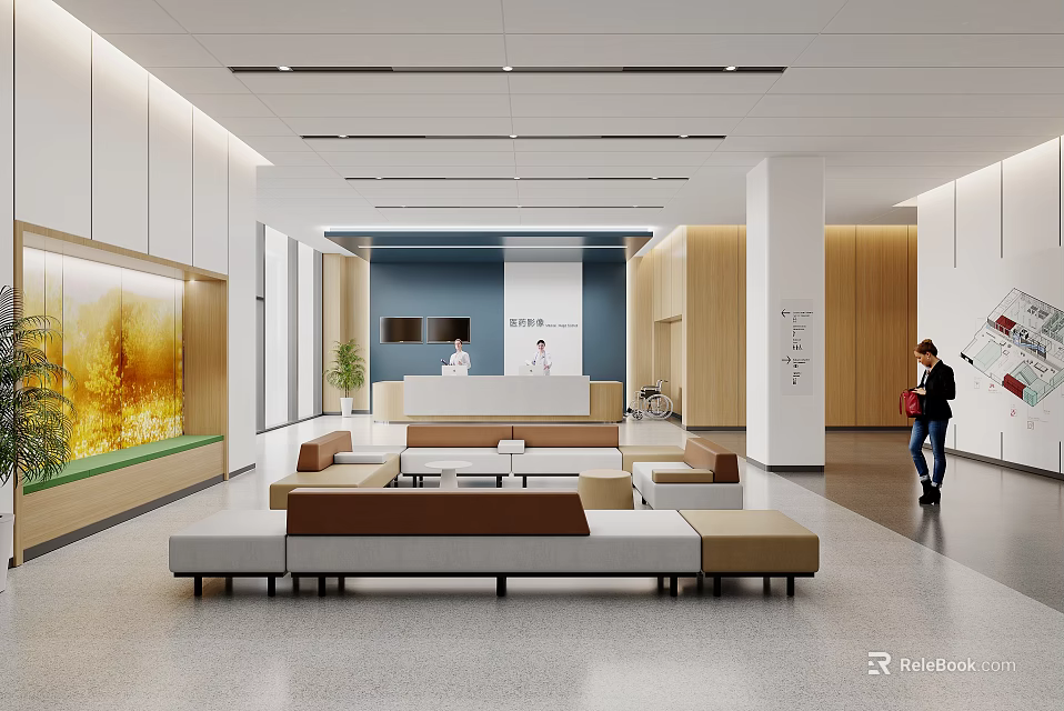 Modern Hospital Outpatient Lobby With Reception Desk Spacious Waiting Area Comfortable Seats And Green Plants 3d model 