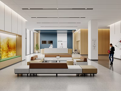 Modern Hospital Outpatient Lobby With Reception Desk Spacious Waiting Area Comfortable Seats And Green Plants 3d model