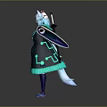 Fantasy Anime Character With Blue Hair Horns Coat Sword And Blue Skirt