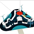 Colorful Children's Playground With Red Blue Structures Slides Climbing Elements Green Trees And Grass