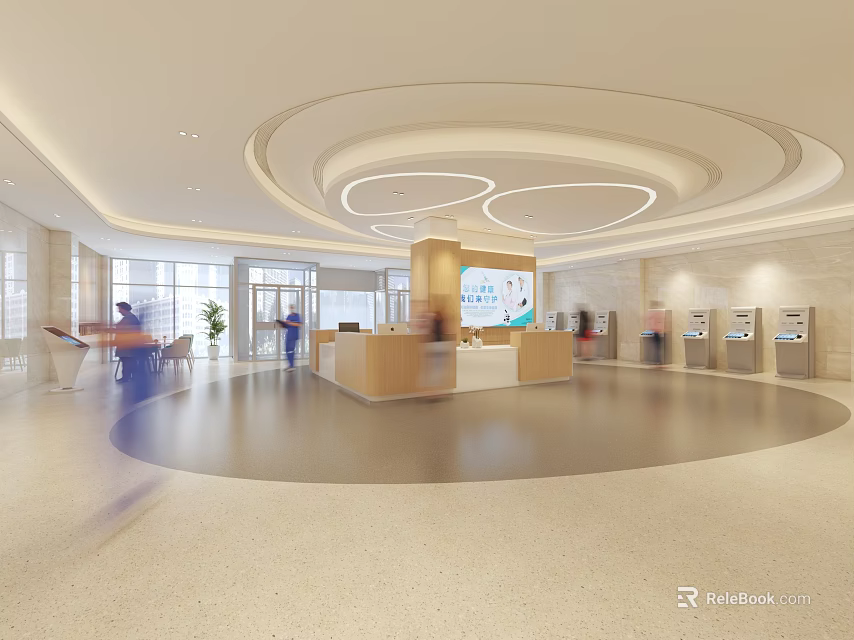 Modern Hospital Outpatient Clinic Lobby With Reception Desk Self Service Kiosks And Circular Ceiling Design 3d model 