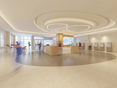 Modern Hospital Outpatient Clinic Lobby With Reception Desk Self Service Kiosks And Circular Ceiling Design 3d model