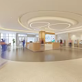 Modern Hospital Outpatient Clinic Lobby With Reception Desk Self Service Kiosks And Circular Ceiling Design