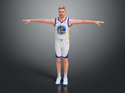 Man Standing In White Basketball Jersey With Blue Yellow Logo Arms Outstretched Gray Background 3d model