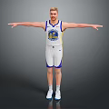 Man Standing In White Basketball Jersey With Blue Yellow Logo Arms Outstretched Gray Background