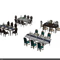 Elegant Dining Table Set With Turquoise Gold Fabric Chairs Wooden Table And Runners