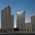 Modern High Rise Residential Buildings With Commercial Street Pedestrians And Trees