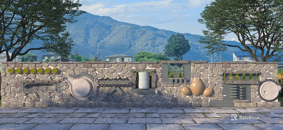 Natural Stone Feature Wall With Decorative Pottery Jars Distant Mountains Trees And Stone Ground 3d model 