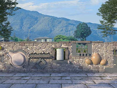 Natural Stone Feature Wall With Decorative Pottery Jars Distant Mountains Trees And Stone Ground 3d model