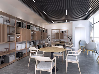 Modern Open Tea Room Interior With Wooden Bookshelves Round Tables And Comfortable Chairs 3d model