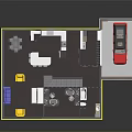 Cartoon House Interior 3D Layout with Living Room Kitchen Garage Furniture and Red Car