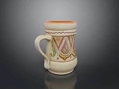 White Ceramic Mug With Orange Rim And Colorful Geometric Traditional Patterns 3d model