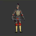 Man wearing ornate medieval armor with golden decorations helmet red accents and holding sword