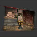 Ancient Themed Scene With Wooden Framing Stone Steps Red Curtain And Hanging Lantern