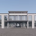Modern Two Story Office Building With Large Glass Windows And Black White Exterior