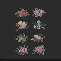 Colorful Hand Drawn Flower Bouquets on Black Background with Decorative Designs