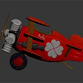 Red Vintage Biplane Passenger Plane With Silver Propeller Engine And Black Wheels