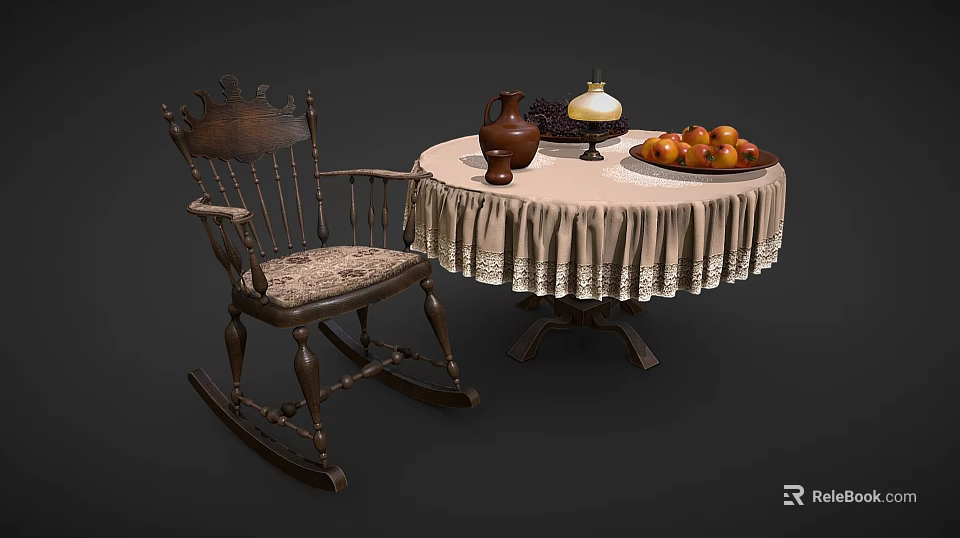 Vintage Rocking Chair With Round Table Lace Tablecloth Clay Jug Oil Lamp And Fruit Plate 3d model 