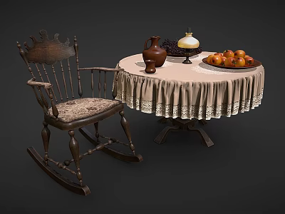 Vintage Rocking Chair With Round Table Lace Tablecloth Clay Jug Oil Lamp And Fruit Plate 3d model