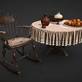 Vintage Rocking Chair With Round Table Lace Tablecloth Clay Jug Oil Lamp And Fruit Plate