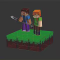 Two Minecraft Style Characters Standing on Green Block Platform Holding Sword 3d model